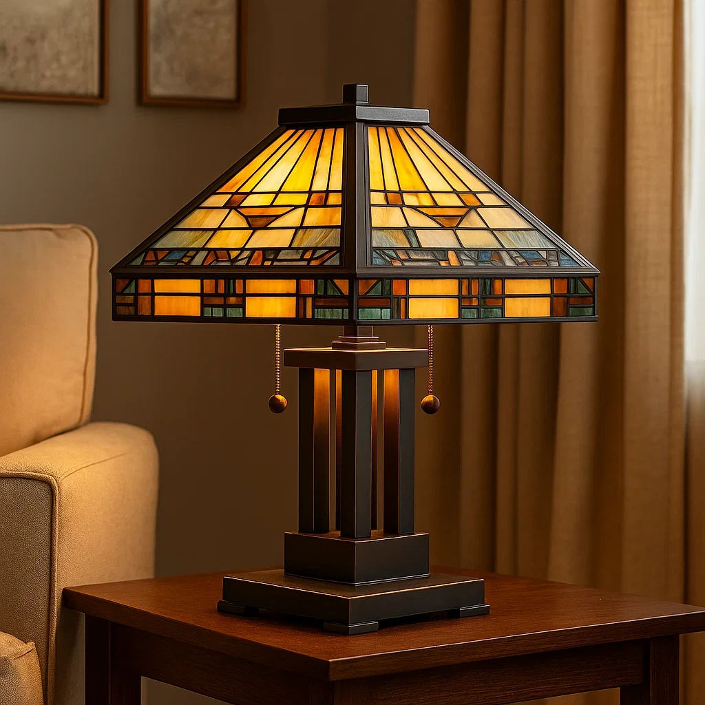 Lámpara de mesa estilo Arts & Crafts con pantalla de vidrio de colores y base de bronce