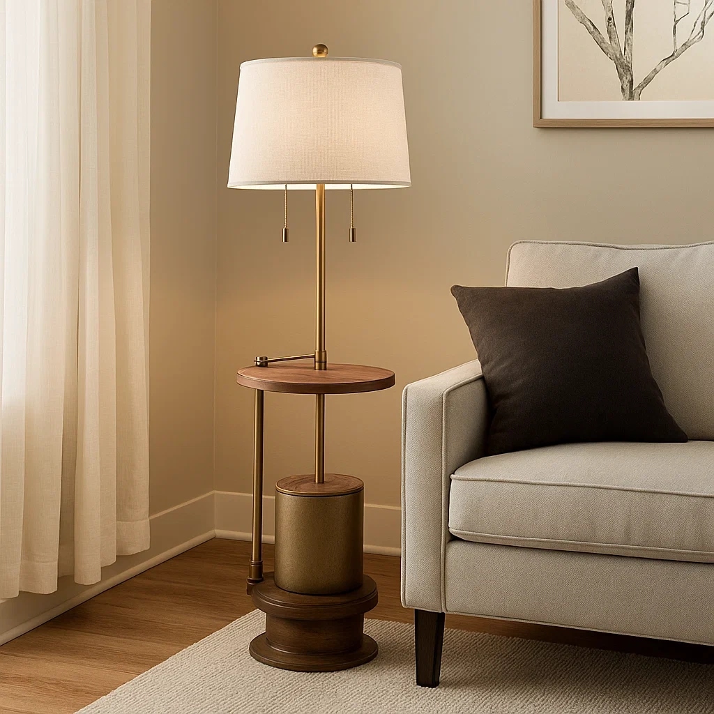 Lámpara de pie con mesa auxiliar de madera y pantalla de lino