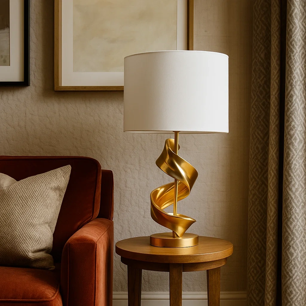 Lámpara de mesa moderna con base dorada en espiral y pantalla blanca