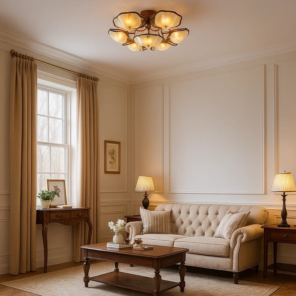 Lámpara de techo con 6 pantallas en forma de flor de vidrio beige y estructura dorada