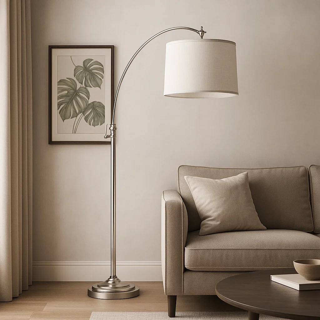 Lámpara de pie con brazo arqueado ajustable y pantalla blanca