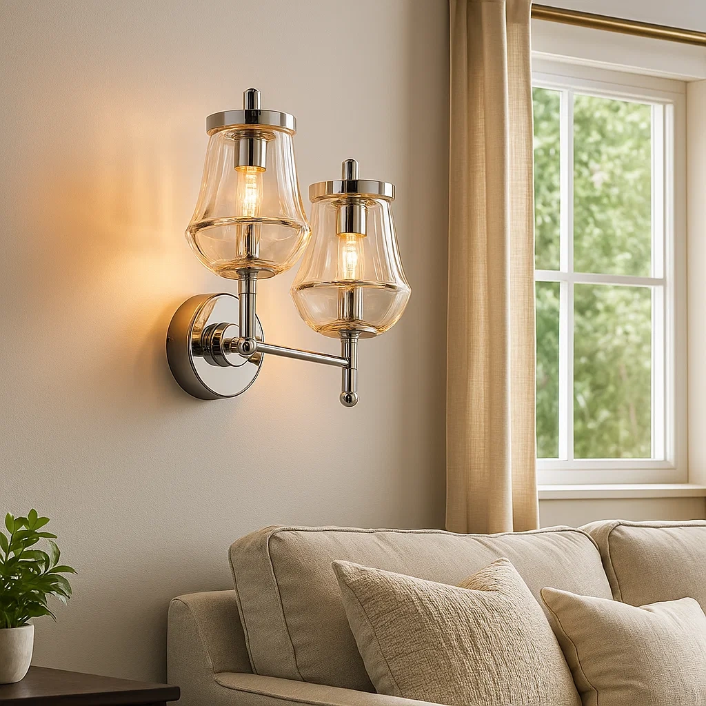 Aplique de pared de vidrio transparente con detalles cromados