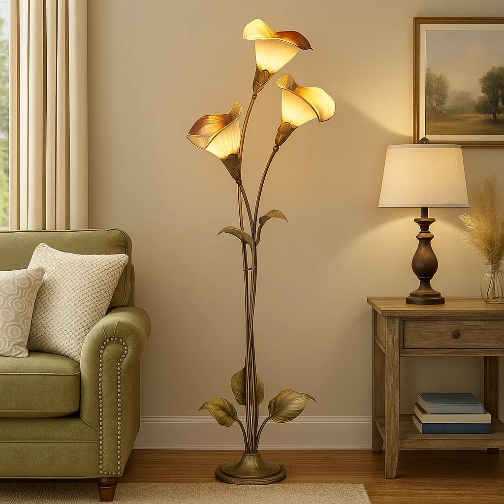 Lámpara de pie estilo lirio de agua en bronce con pantallas de vidrio en forma de flor