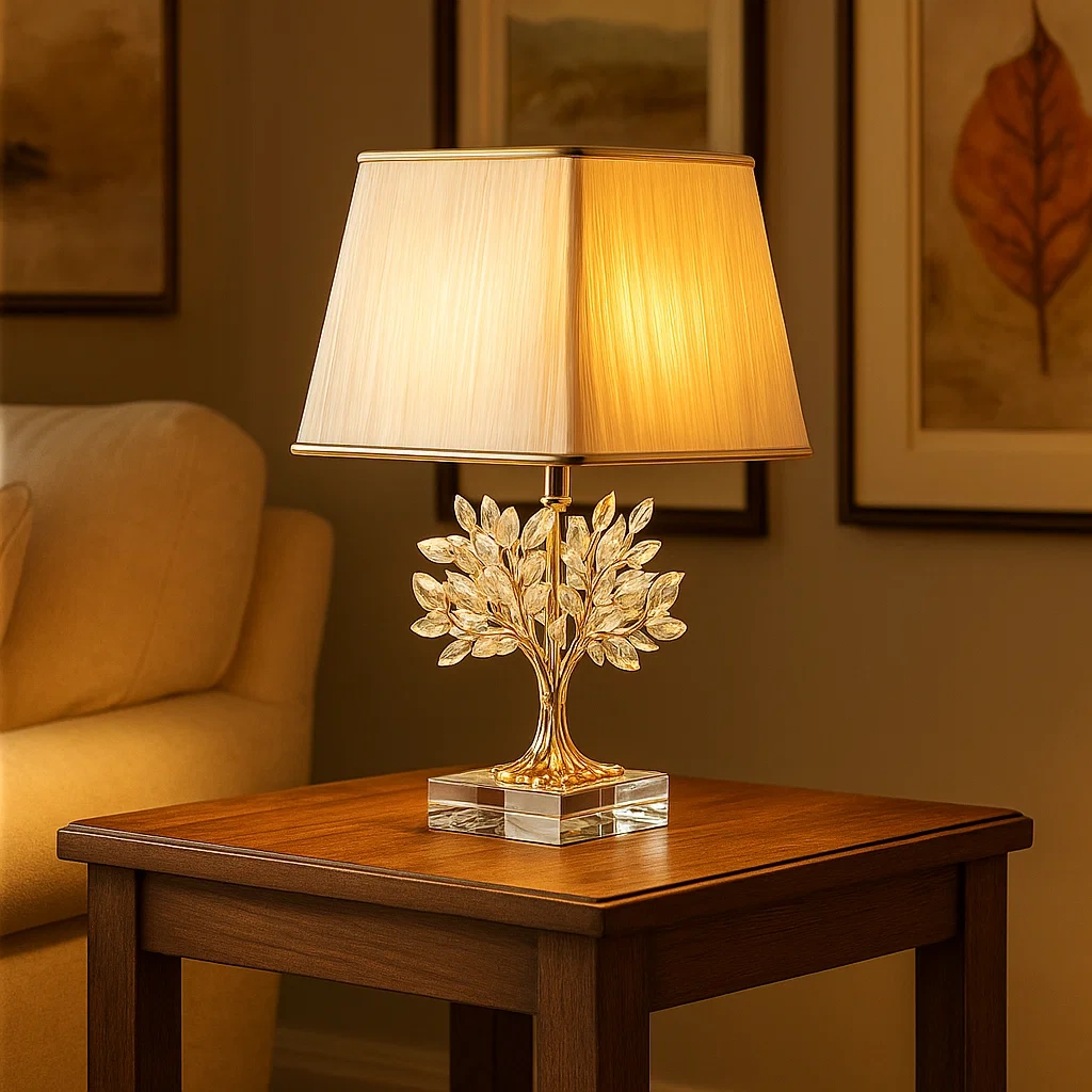 Lámpara de mesa de lujo con base dorada en forma de árbol y pantalla rectangular de tela