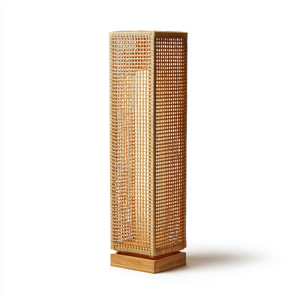 Lámpara de pie rectangular de mimbre tejido con base de madera