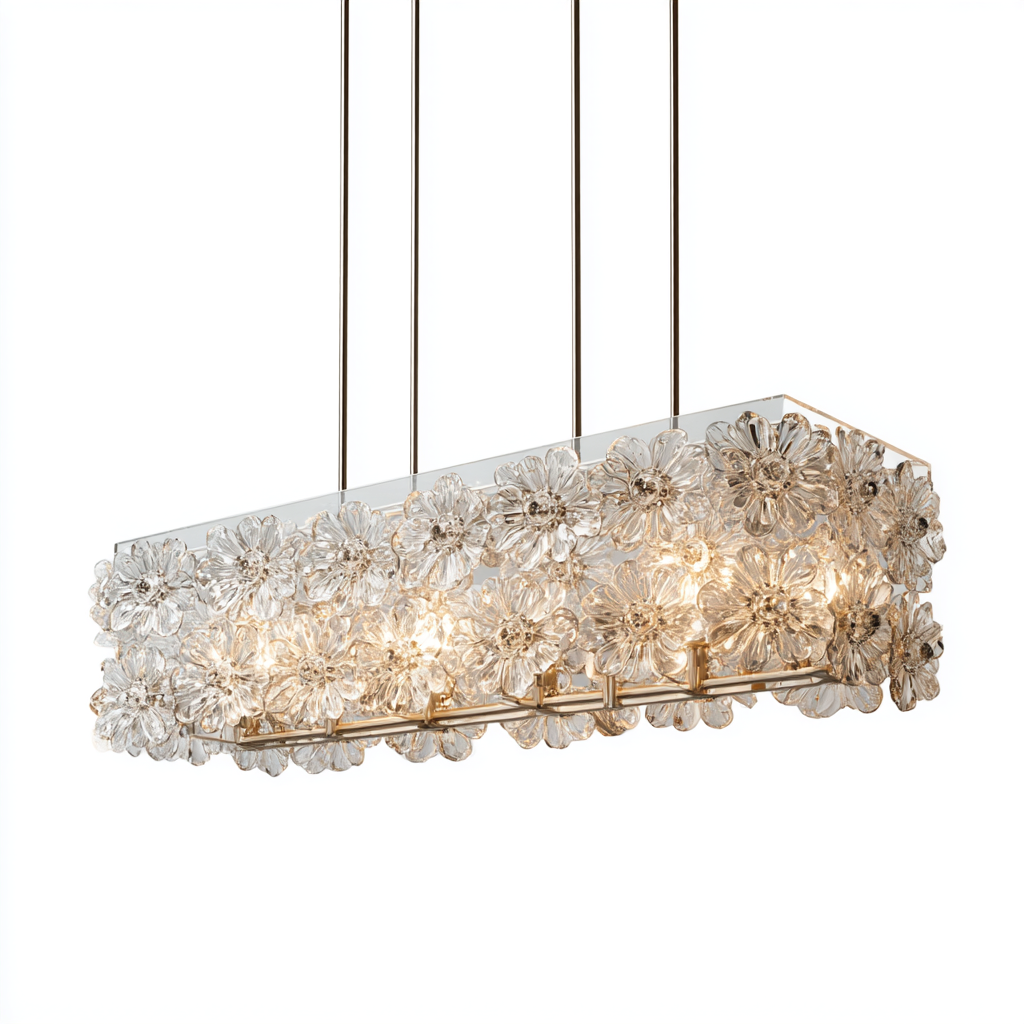 Lámpara colgante rectangular de cristal con flores decorativas