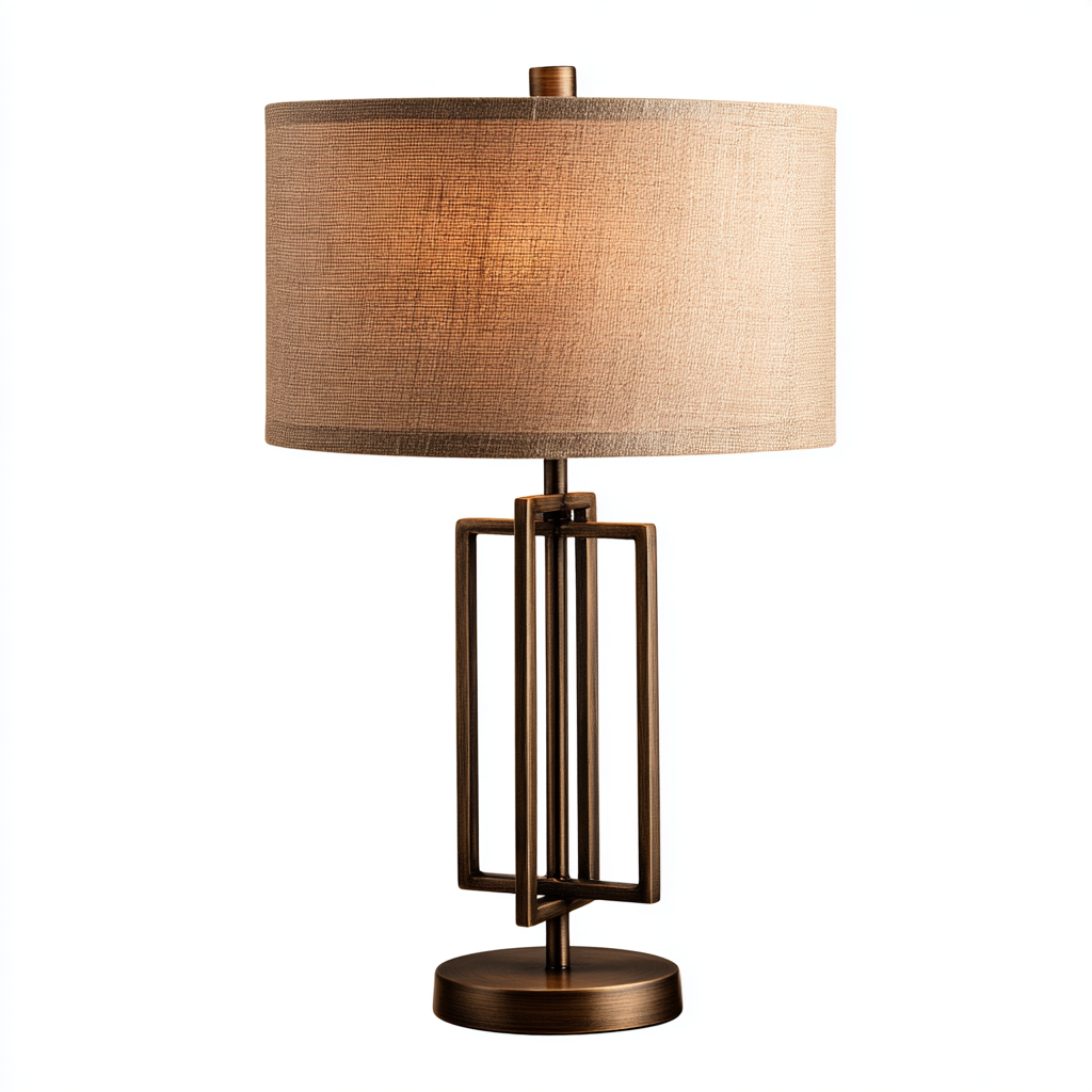 Lámpara de mesa de bronce antiguo con pantalla de lino beige