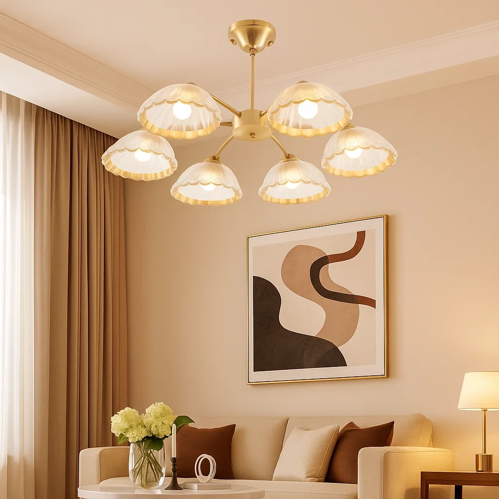 Lámpara de techo de 6 luces con pantallas de vidrio acanalado estilo retro