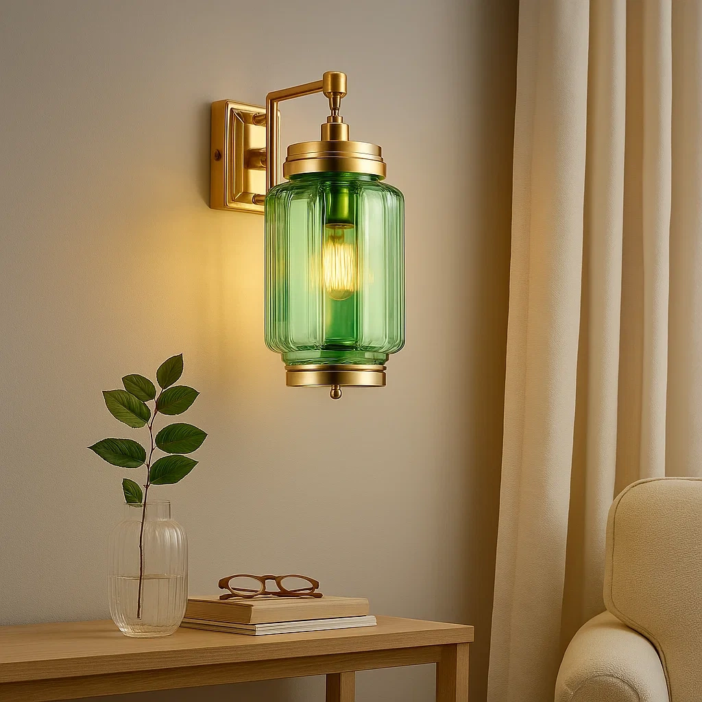 Lámpara de pared con pantalla de cristal verde y acabado en latón