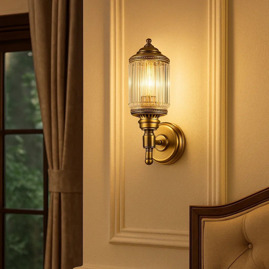 Lámpara de pared con pantalla de cristal y acabado antiguo.