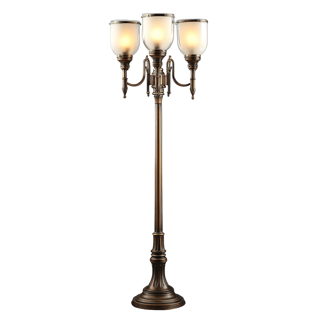 Lámpara de pie clásica de tres luces con acabado en bronce antiguo