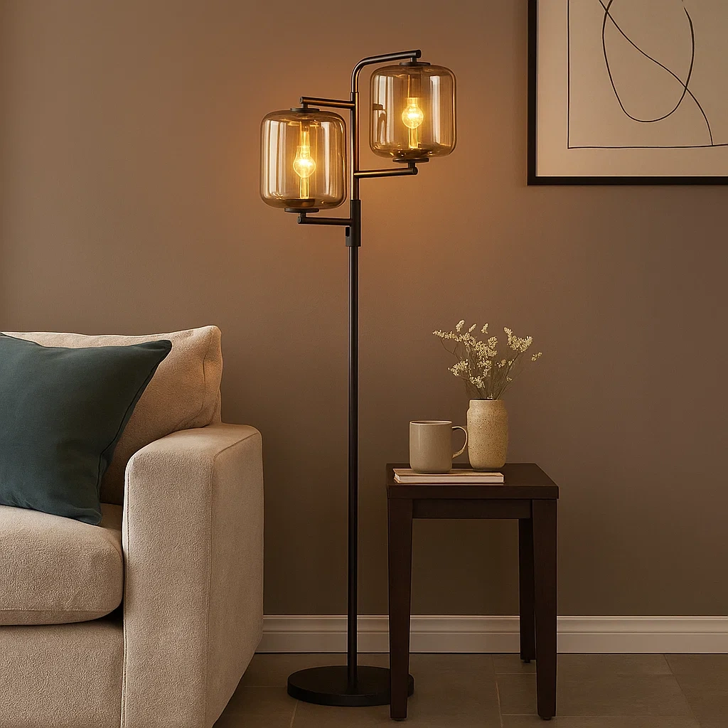 Lámpara de pie moderna con doble pantalla de vidrio ahumado