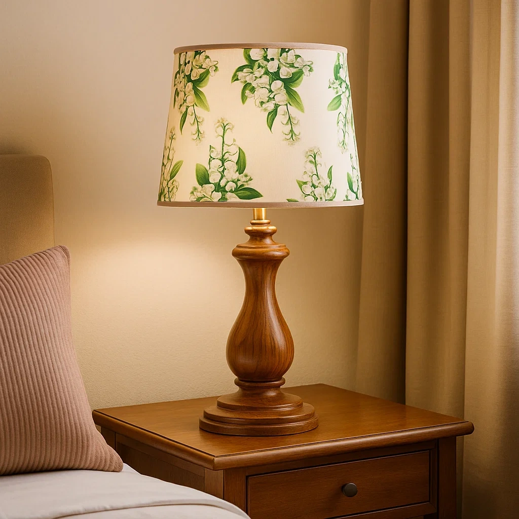 Lámpara de mesa de madera con pantalla floral de lirio de los valles