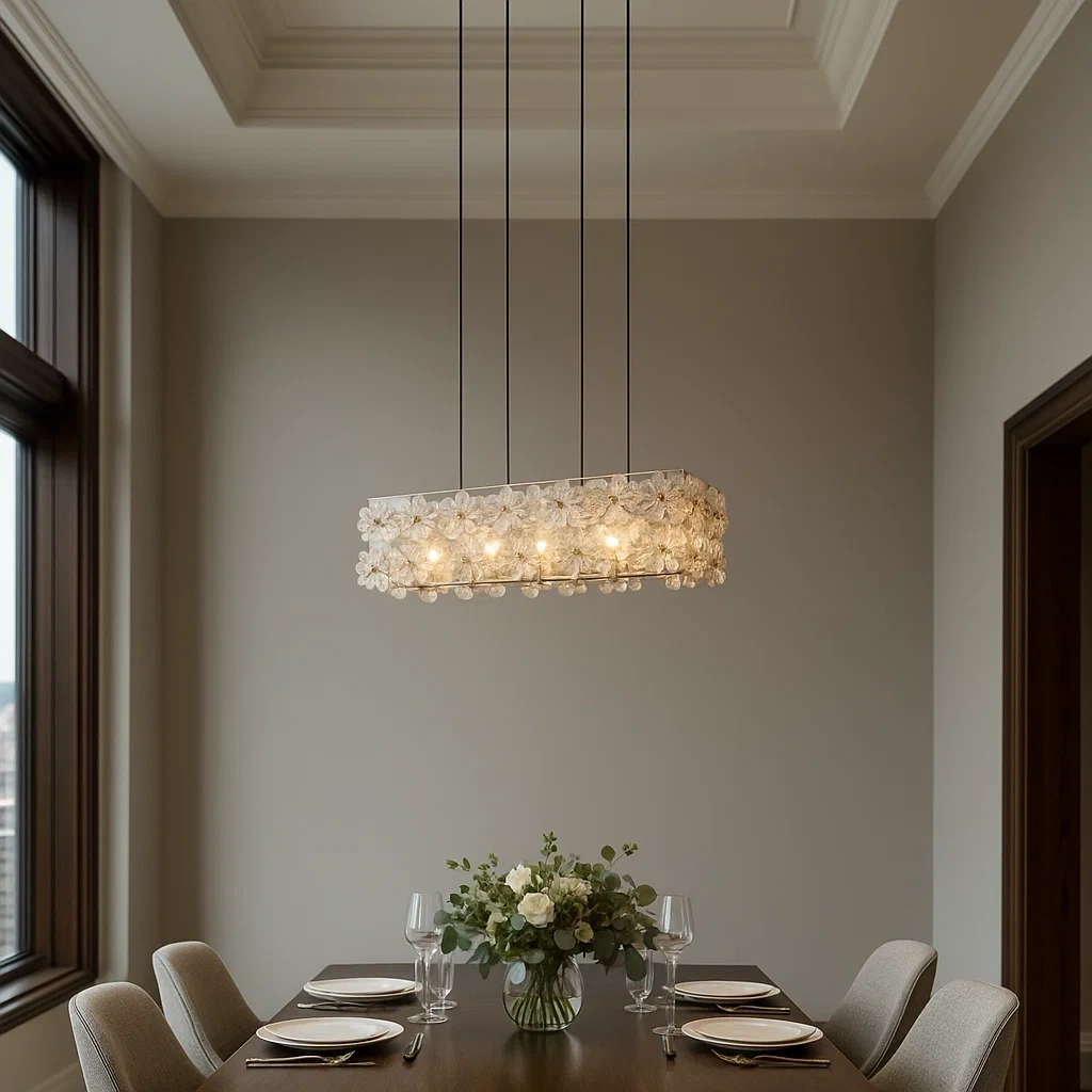 Lámpara colgante rectangular de cristal con flores decorativas