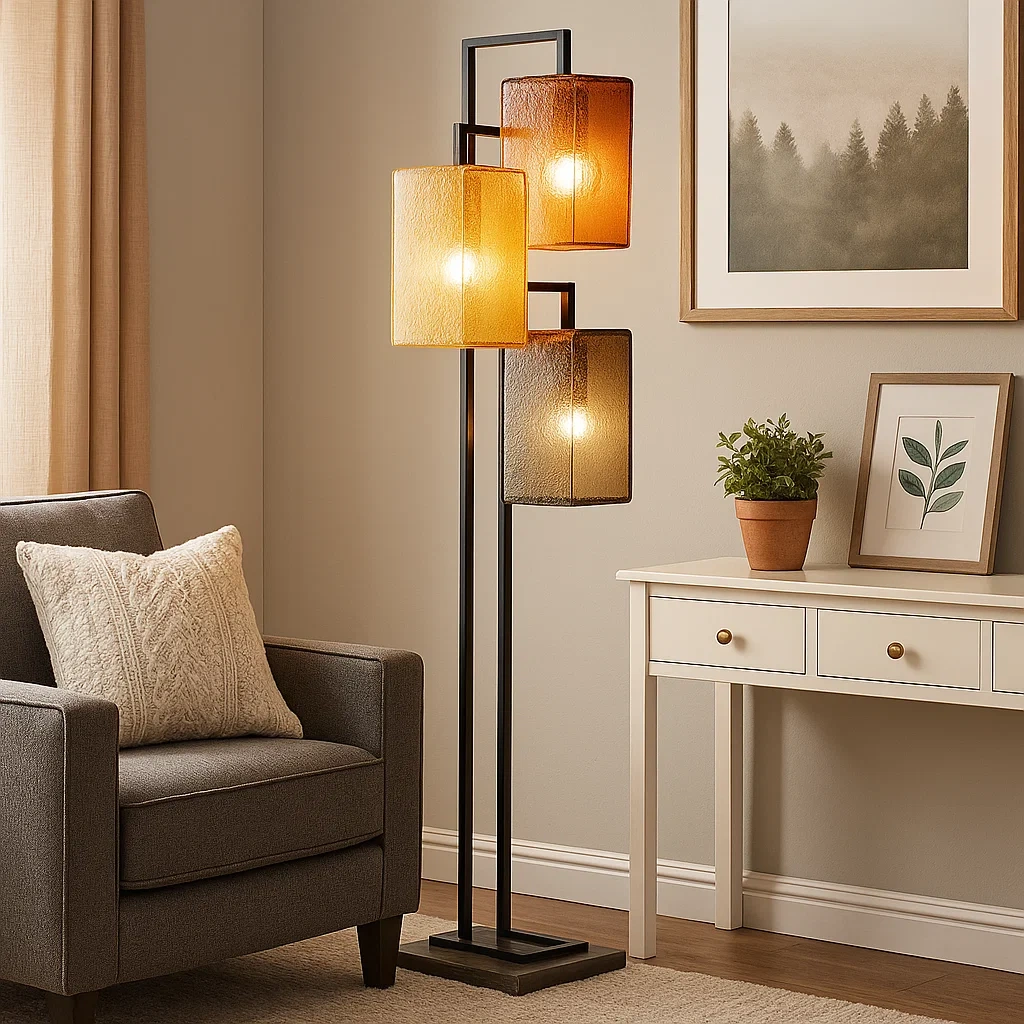 Lámpara de pie con tres pantallas rectangulares de vidrio de colores