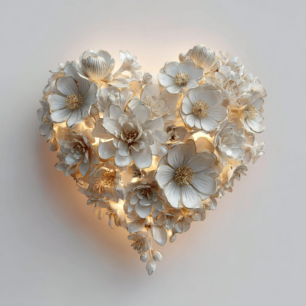 Lámpara de pared en forma de corazón con flores de cerámica