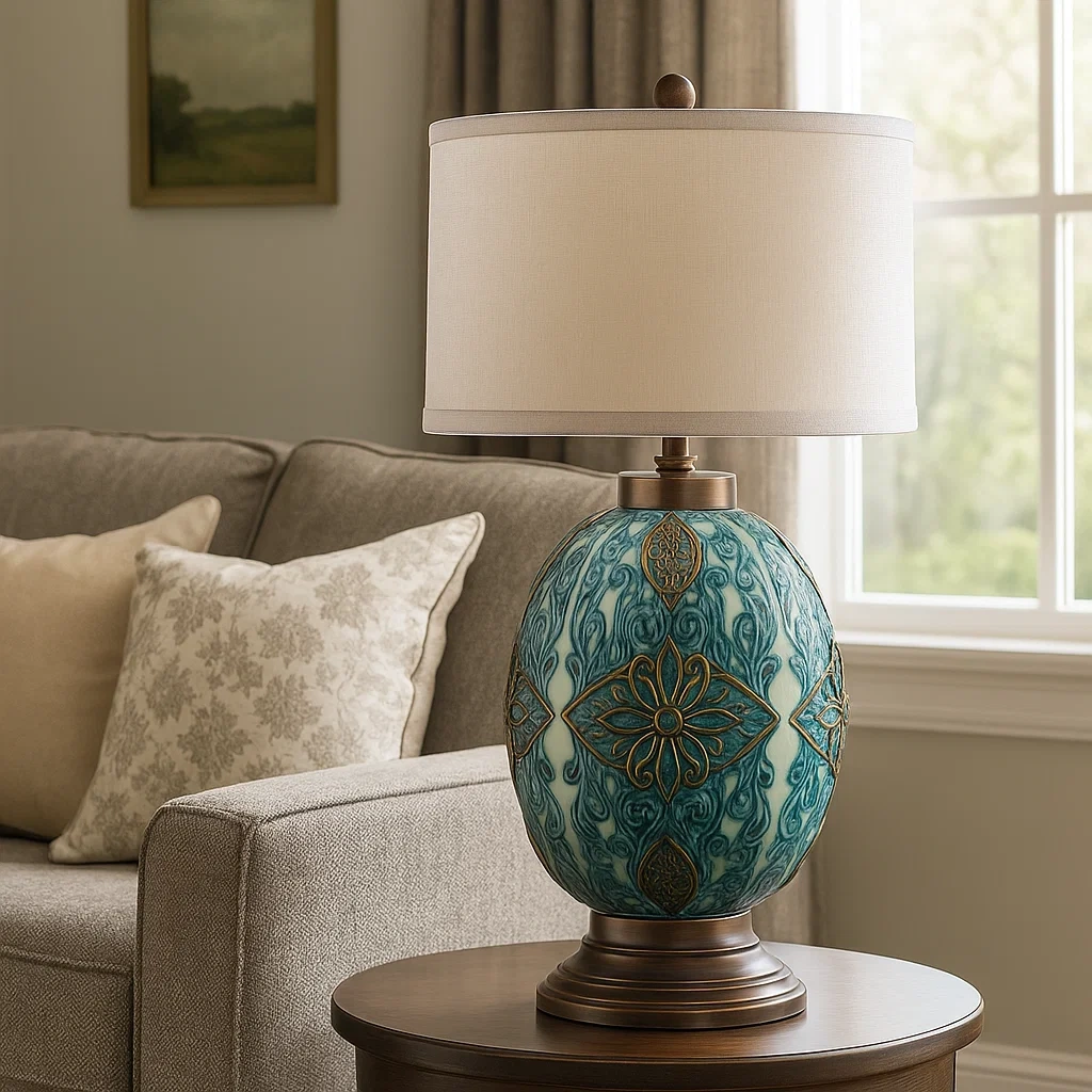 Lámpara de mesa de cerámica con diseño ovalado y estampado azul