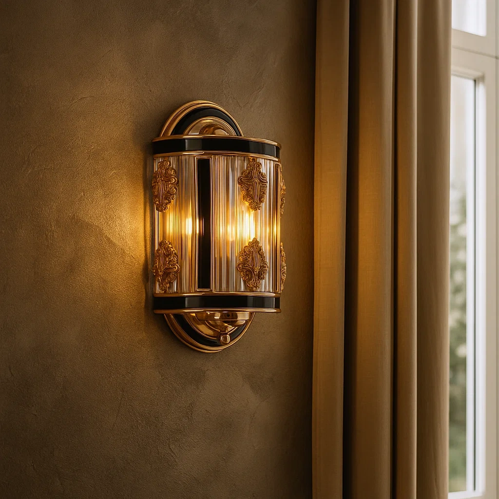 Aplique de pared en forma ovalada con detalles en oro y negro