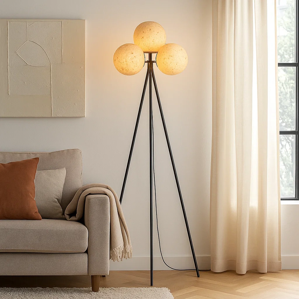 Lámpara de pie trípode con esferas de vidrio texturizado