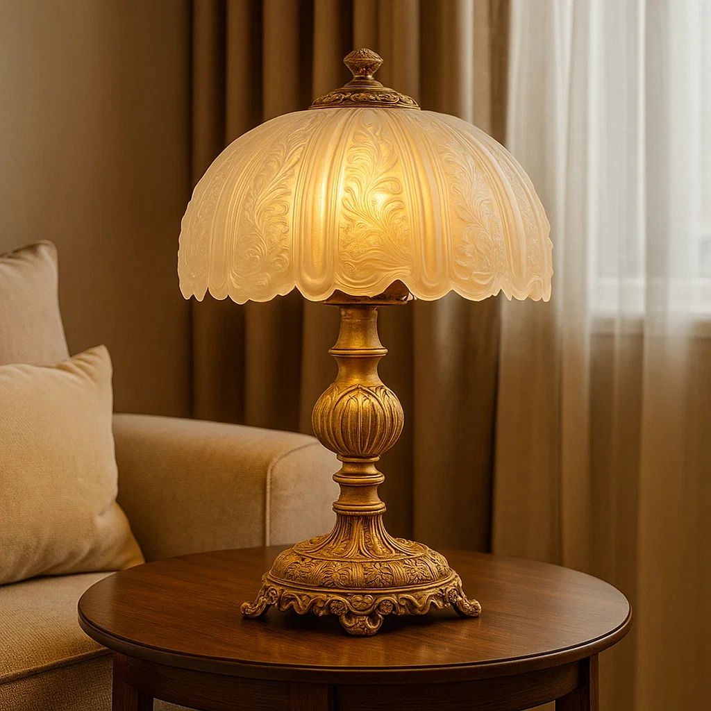 Lámpara de mesa clásica con pantalla de cristal esmerilado y base dorada ornamentada