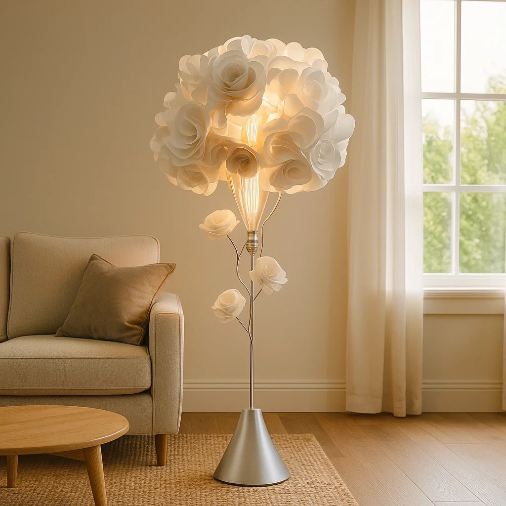 Lámpara de pie decorativa con pantalla de flores blancas y base metálica