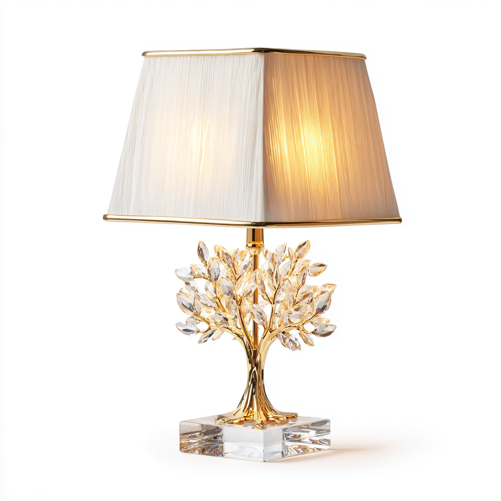 Lámpara de mesa de lujo con base dorada en forma de árbol y pantalla rectangular de tela