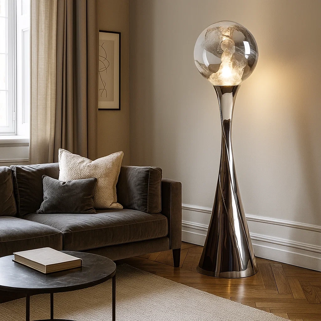 Lámpara de pie moderna con base metálica pulida y pantalla esférica de vidrio