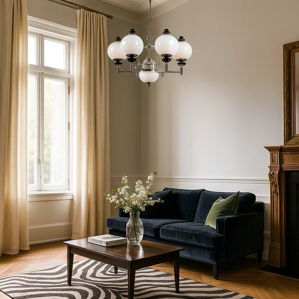 Lámpara de techo colgante con seis tulipas de vidrio blanco estilo clásico