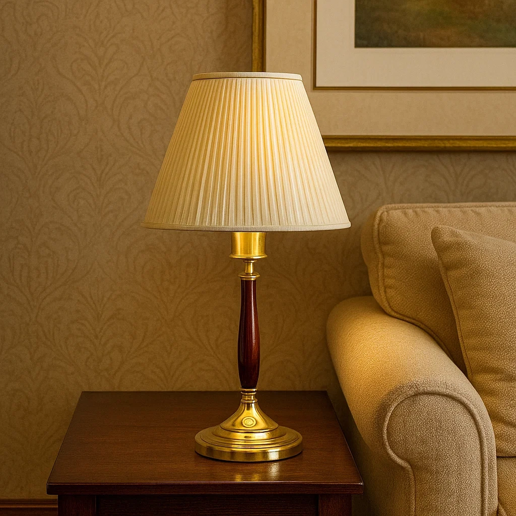 Lámpara de mesa clásica con pantalla plisada beige y base dorada