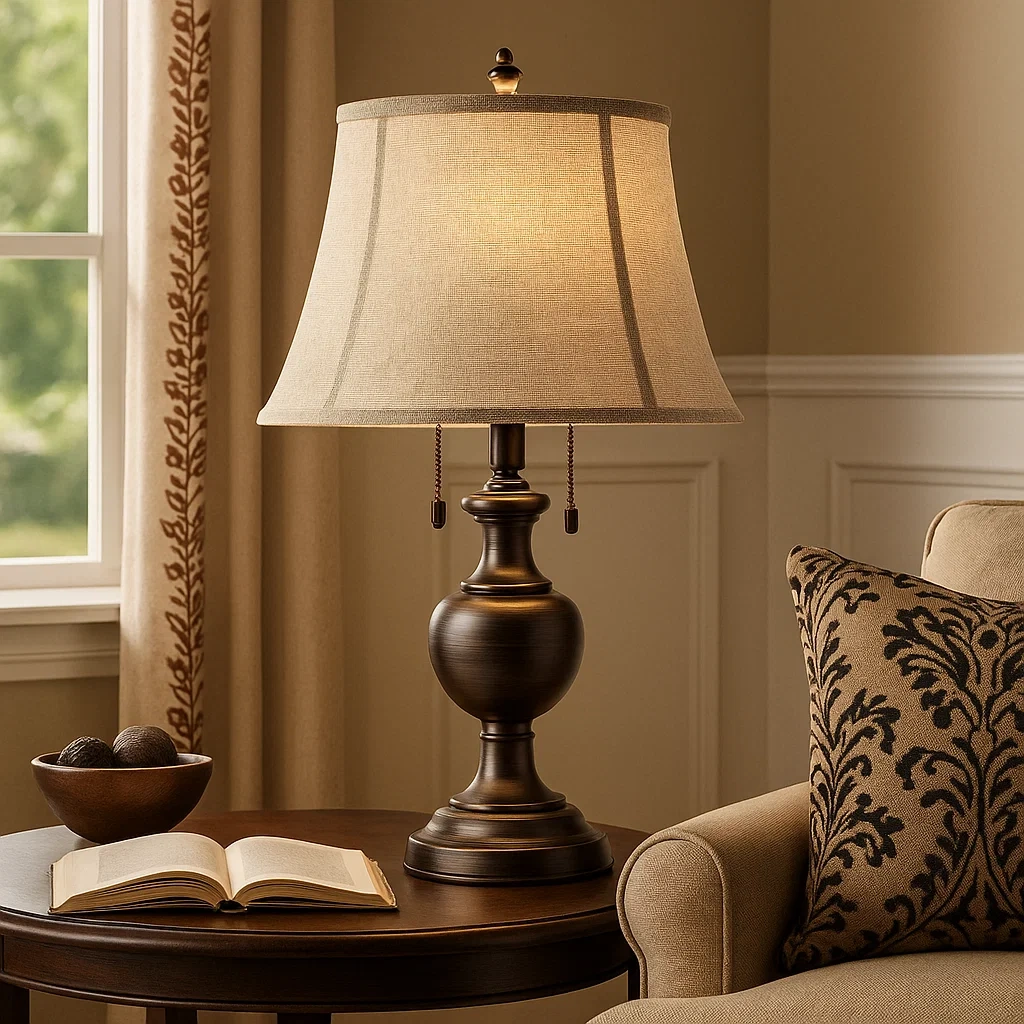 Lámpara de mesa de bronce clásico con pantalla de lino beige