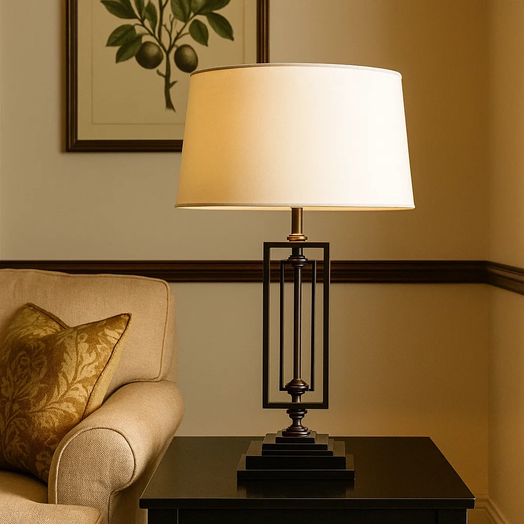 Lámpara de mesa metálica negra con pantalla de tela blanca rectangular