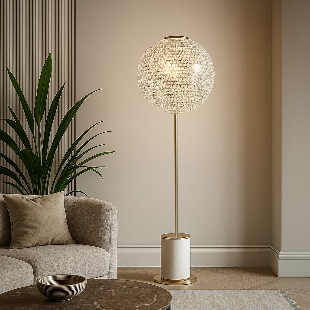 Lámpara de pie moderna con esfera de cristal y base de mármol