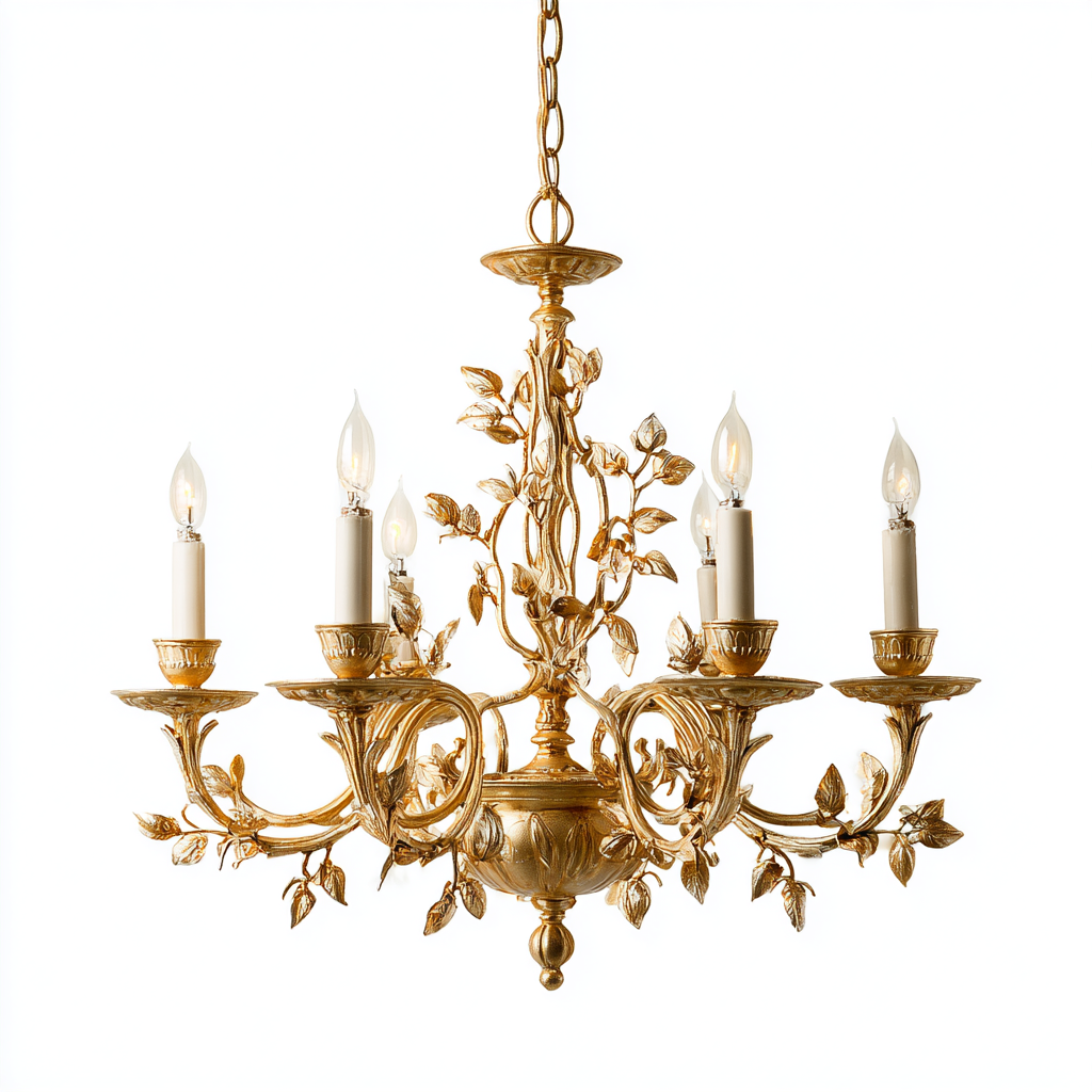Lámpara de araña clásica dorada con 6 brazos y diseño de velas