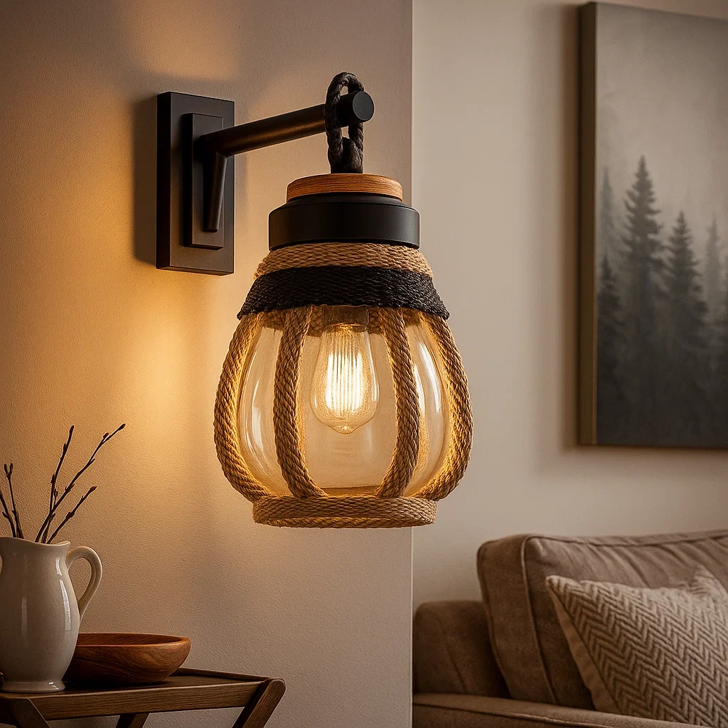 Lámpara de pared con diseño de cuerda de yute y vidrio ámbar