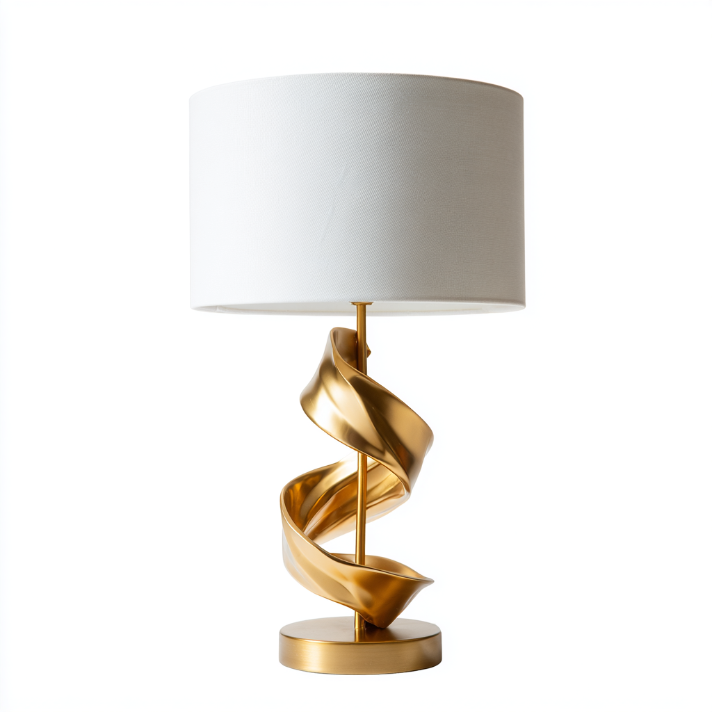 Lámpara de mesa moderna con base dorada en espiral y pantalla blanca
