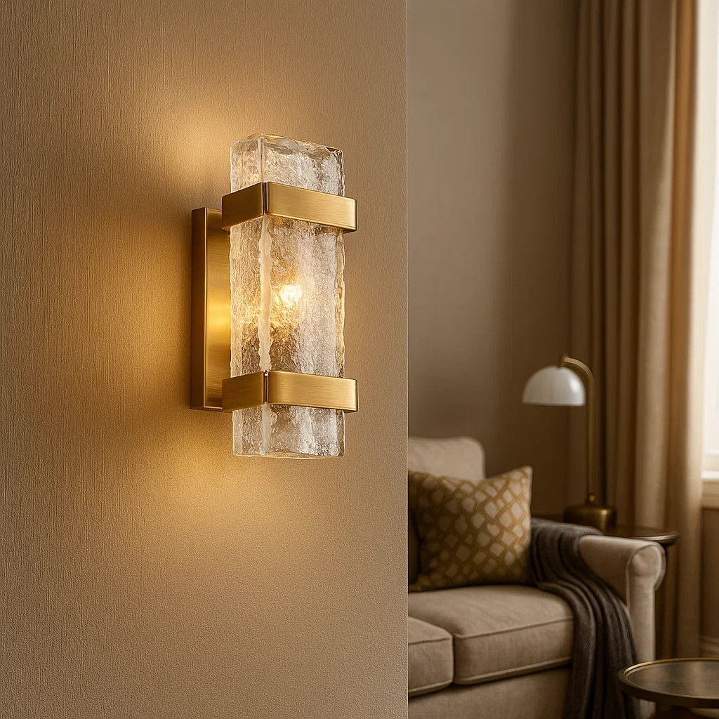 Aplique de pared rectangular con cristal texturizado y detalles en dorado