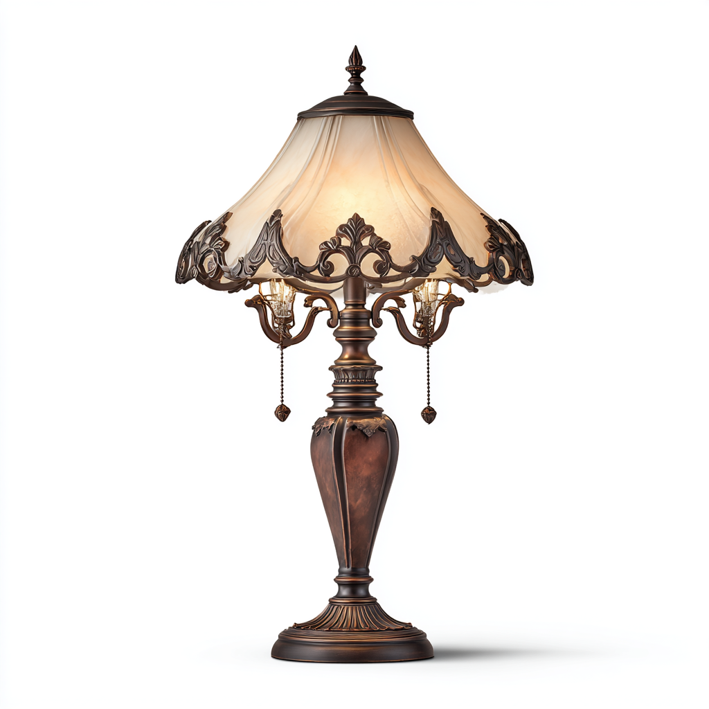 Lámpara de mesa vintage con pantalla de tela y base ornamentada en bronce