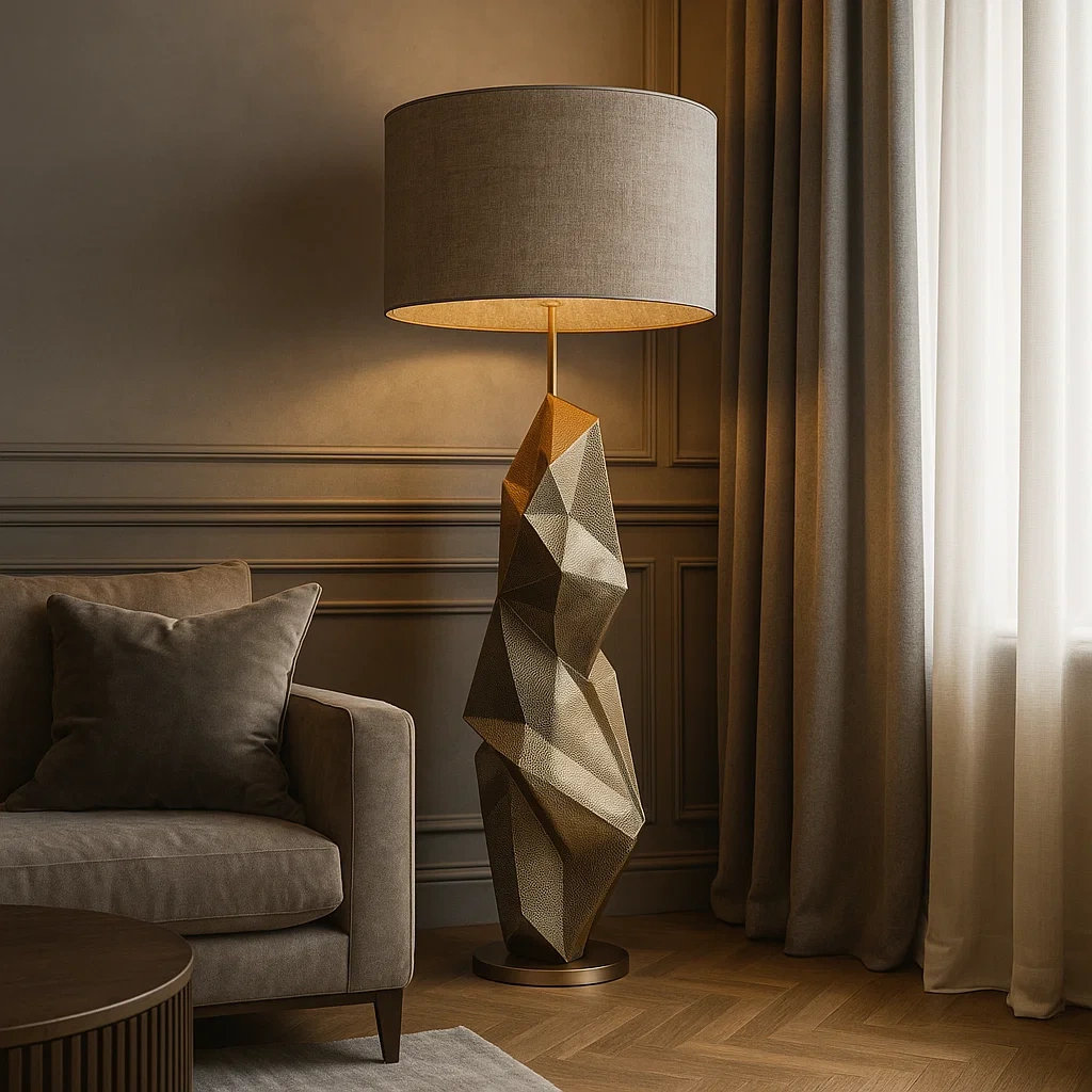 Lámpara de pie con base escultórica geométrica y pantalla de tela