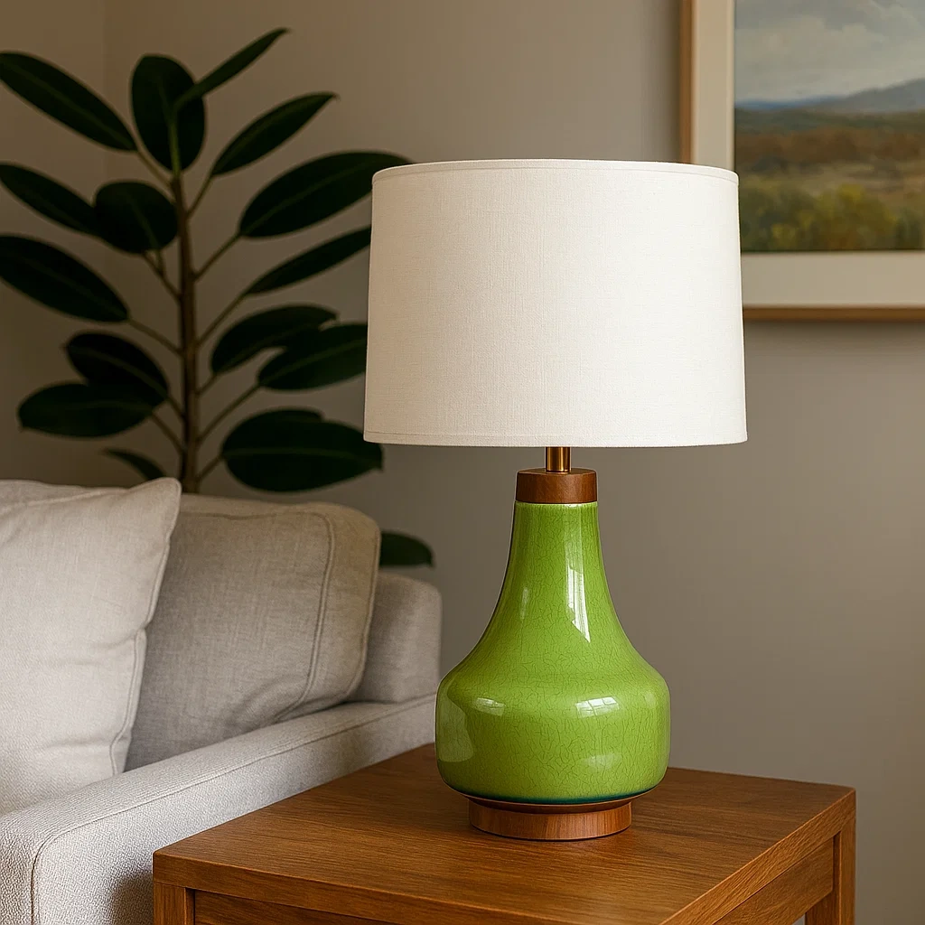 Lámpara de mesa de cerámica verde con base de madera
