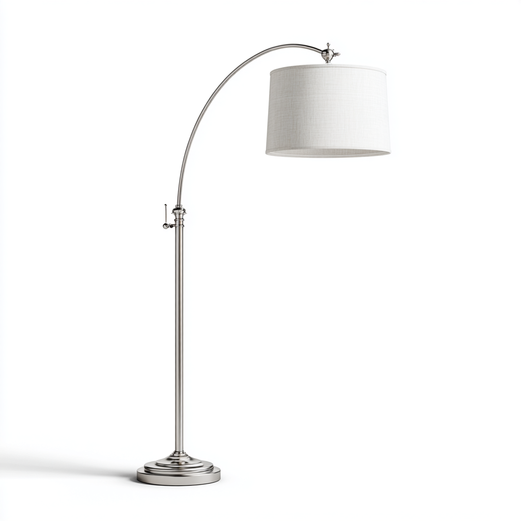 Lámpara de pie con brazo arqueado ajustable y pantalla blanca