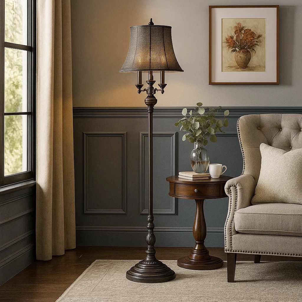 Lámpara de pie vintage negra con pantalla de malla metálica