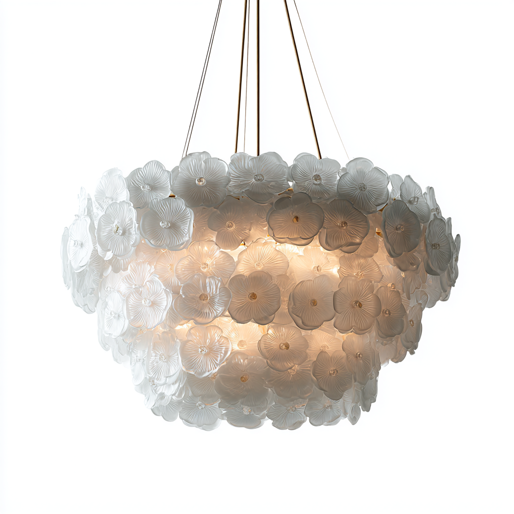 Lámpara colgante circular grande con flores de vidrio esmerilado