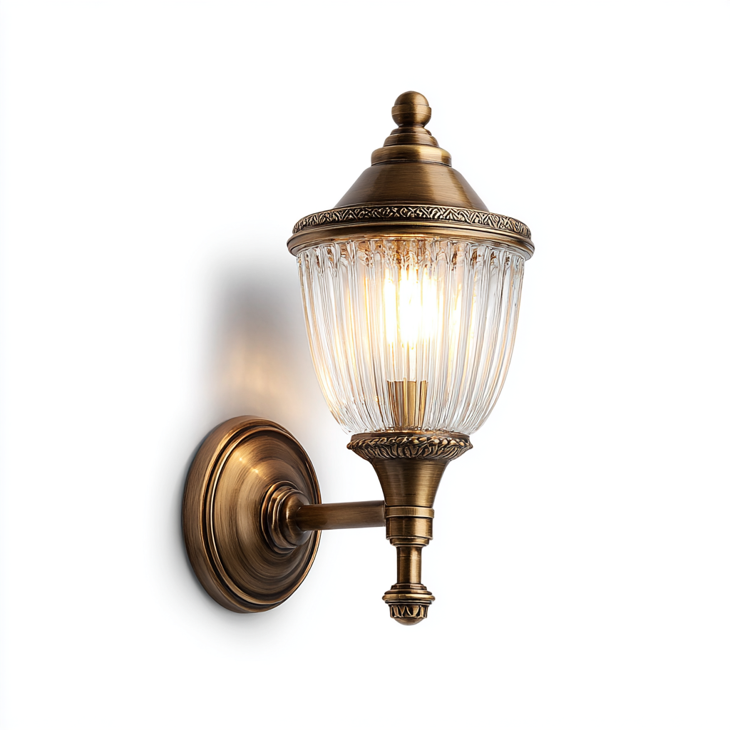 Aplique de pared con acabado en latón antiguo y pantalla de vidrio estriado