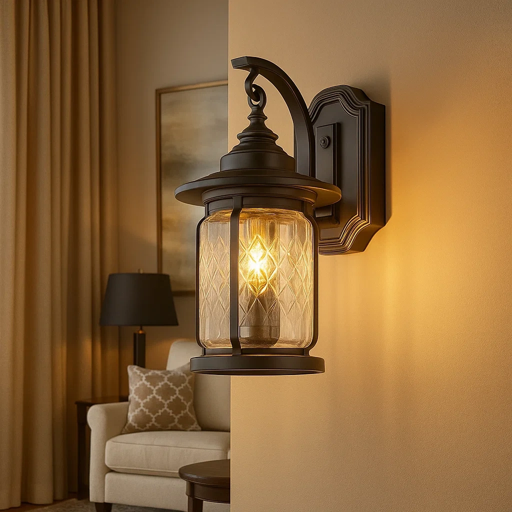 Lámpara de pared con acabado gris y pantalla de cristal con estampado de agua