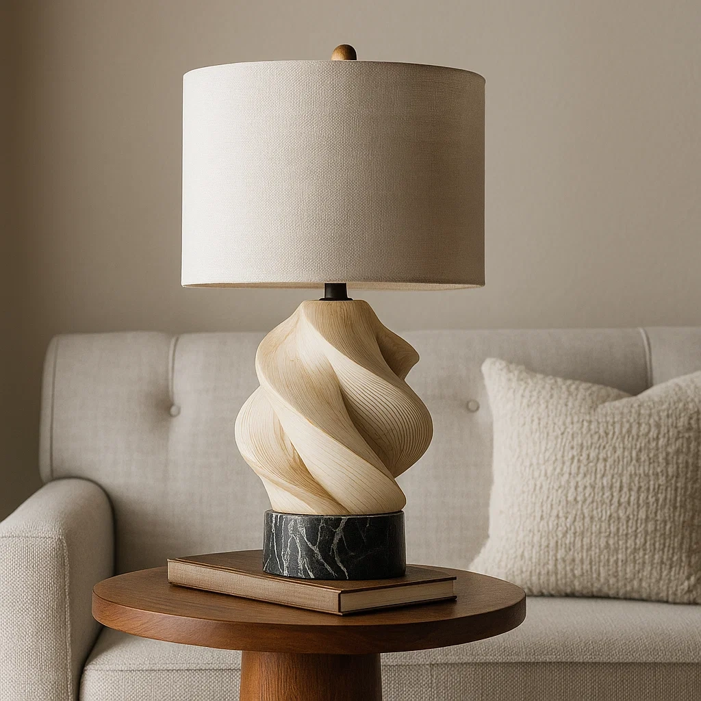 Lámpara de mesa rústica con base de madera tallada y mármol negro