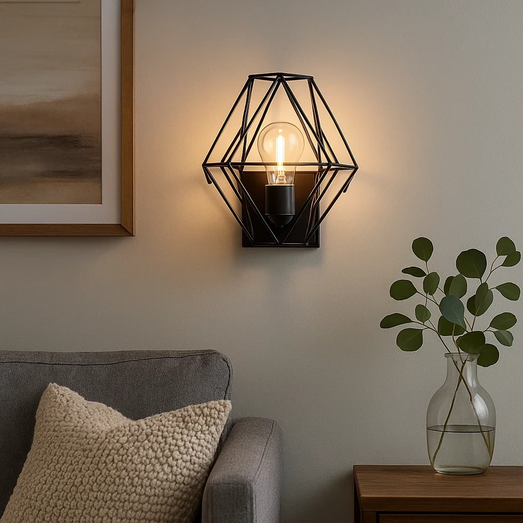 Aplique de pared de metal negro con marco geométrico