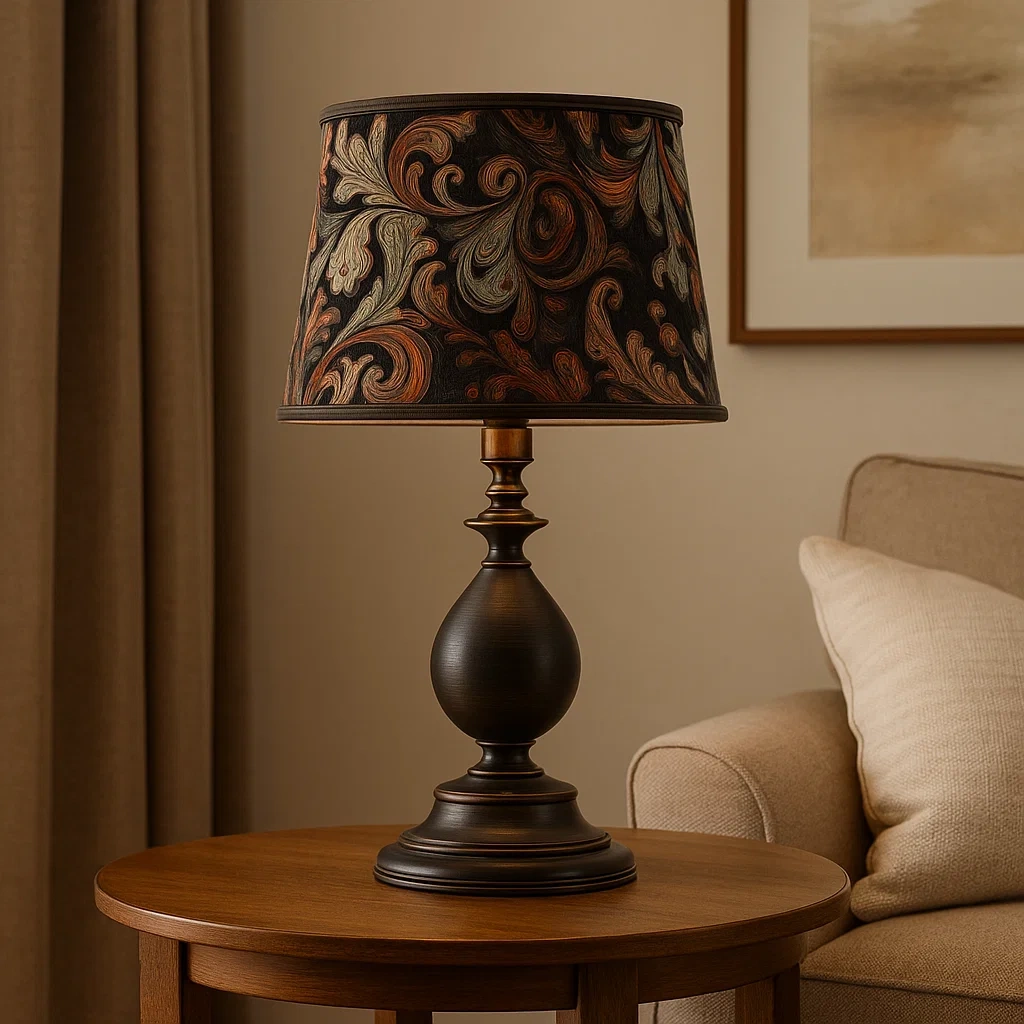 Lámpara de mesa de bronce con pantalla de estampado abstracto