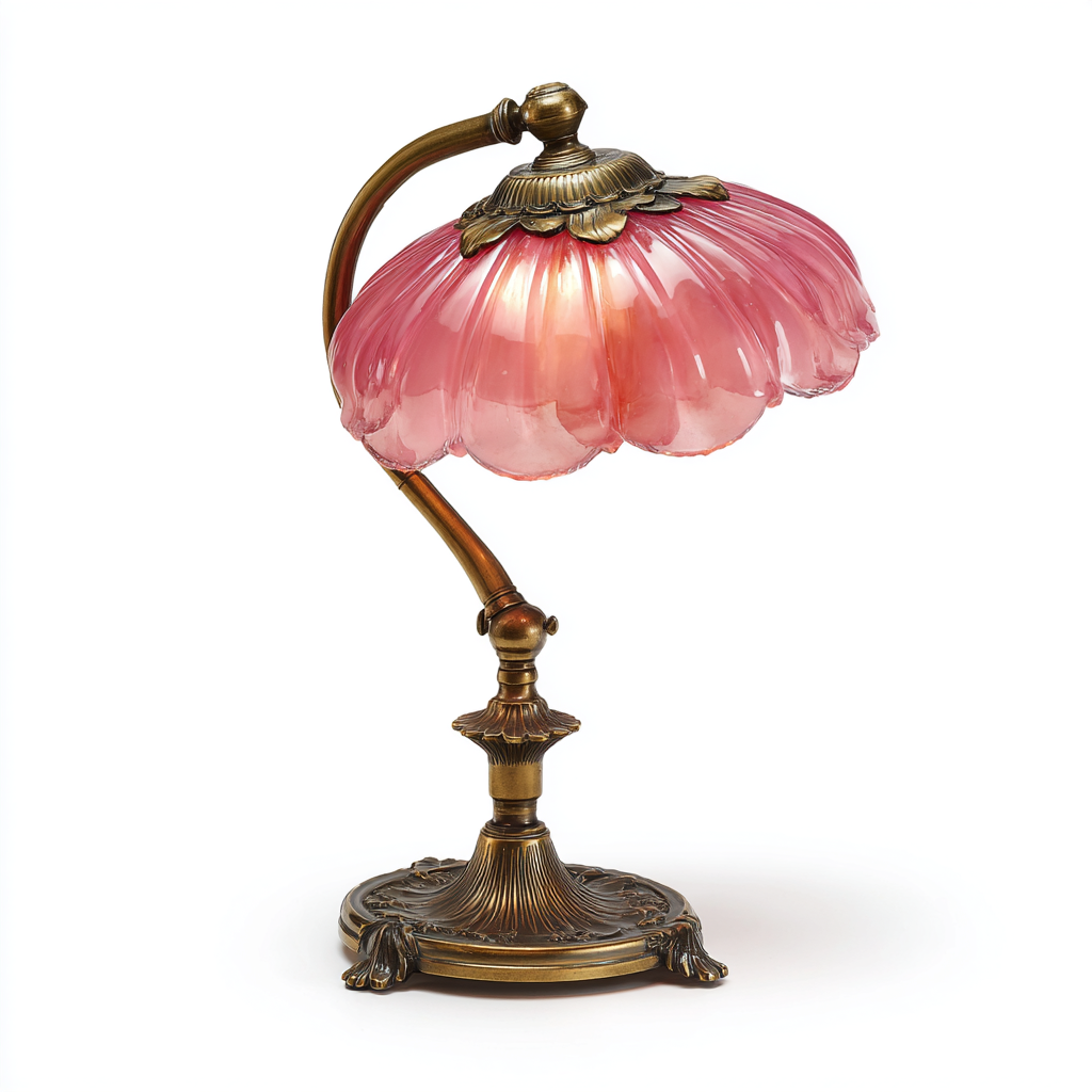 Lámpara de mesa vintage de latón con pantalla de vidrio rosa en forma de flor