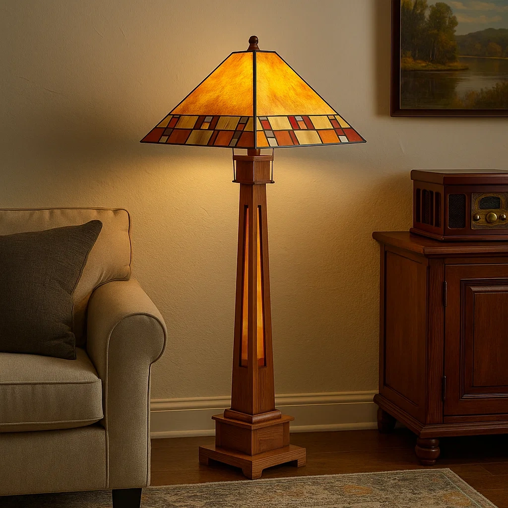 Lámpara de pie estilo Tiffany con base de caoba y pantalla de vidrio de colores