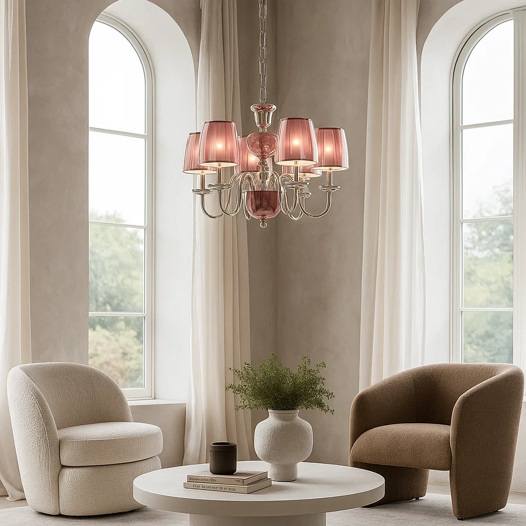 Lámpara de araña de seis luces con pantalla de vidrio rosa y estructura cromada